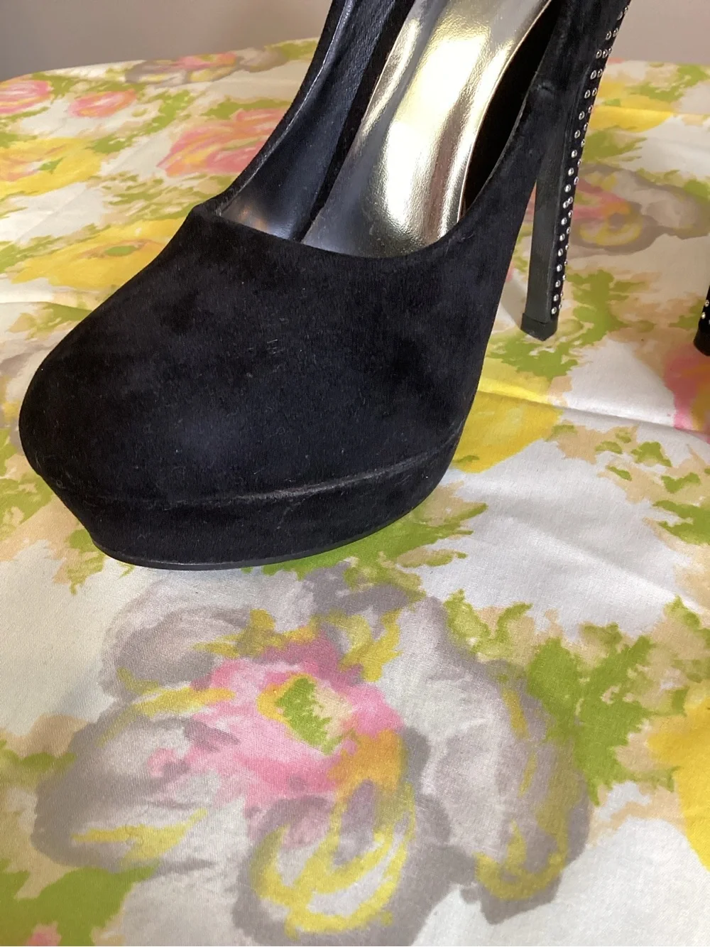 Black Suede Platform High Heels with Studded Stiletto